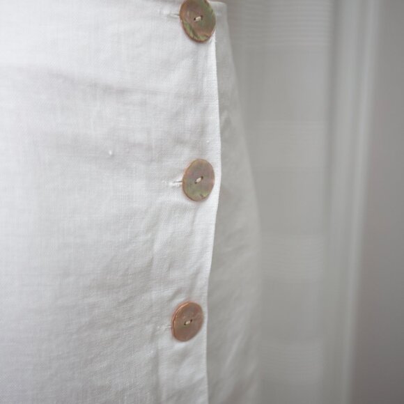 White Linen Mini Skirt with Real Mother of Pearl Buttons - Picture 4 of 13